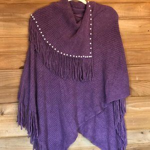 NWOT! Purple Poncho w/Faux Pearls & Fringe!